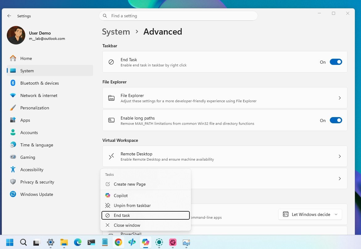 windows 11 system advanced end task setting and taskbar end task option