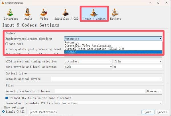 vlc input codecs hardware accelerated decoding dropdown with disable option