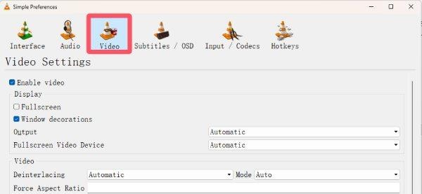 vlc video preferences showing the video output dropdown