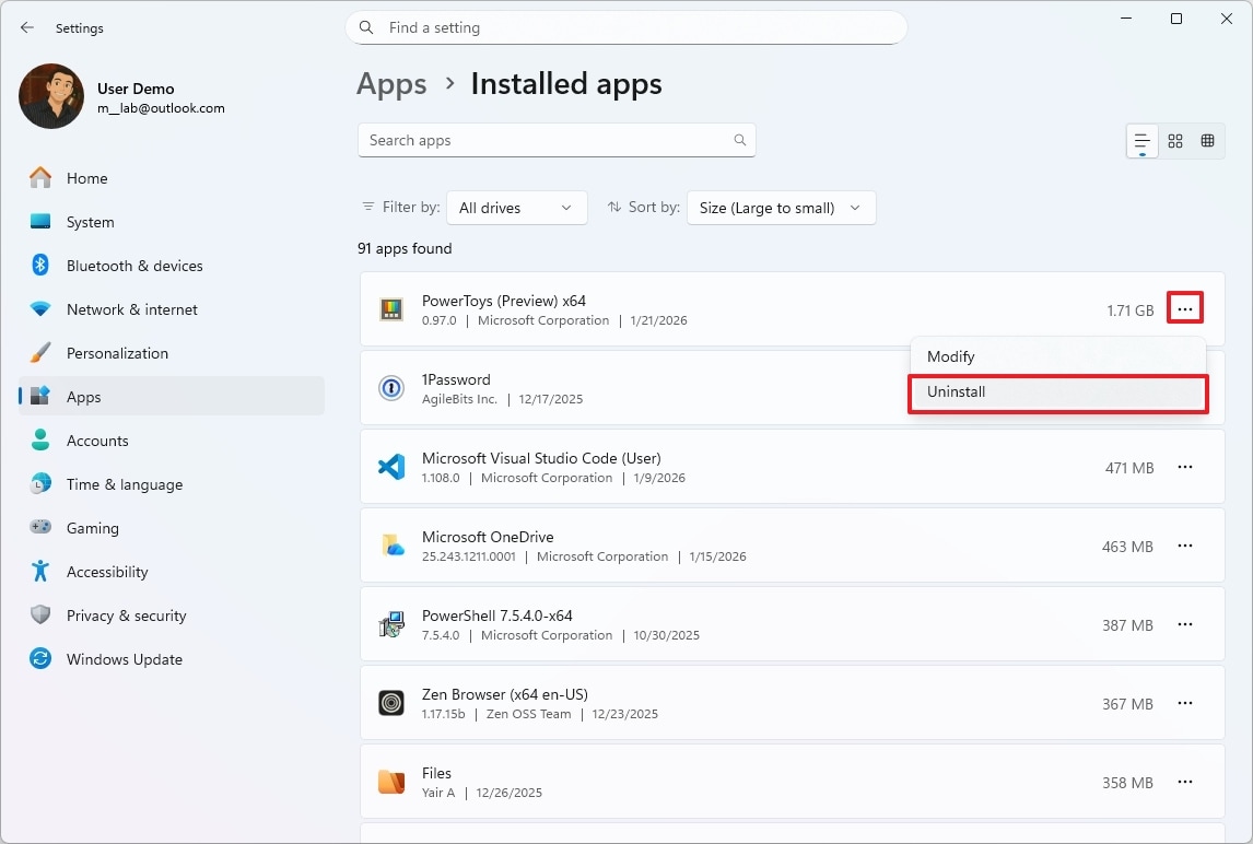 windows 11 installed apps menu showing the uninstall option for a sample application