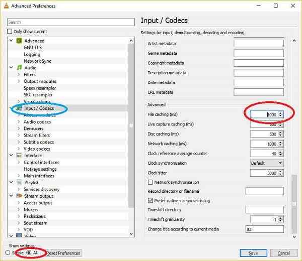 vlc advanced input codecs preferences showing file caching setting