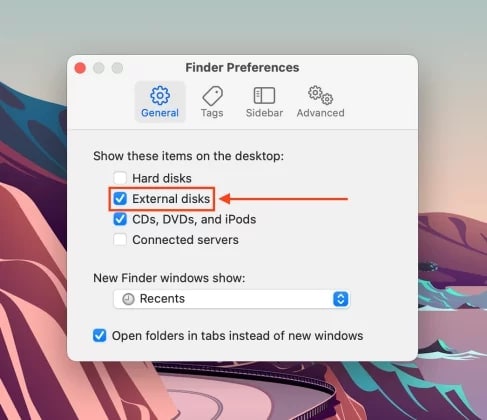 mostrar discos externos en escritorio mac