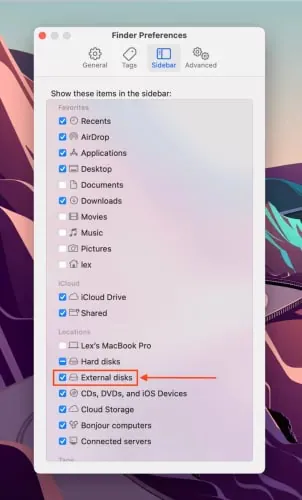 show external disks on mac sidebar