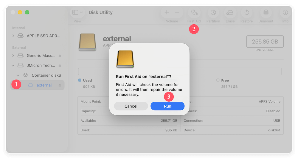 run first aid on an external volume in mac disk utility