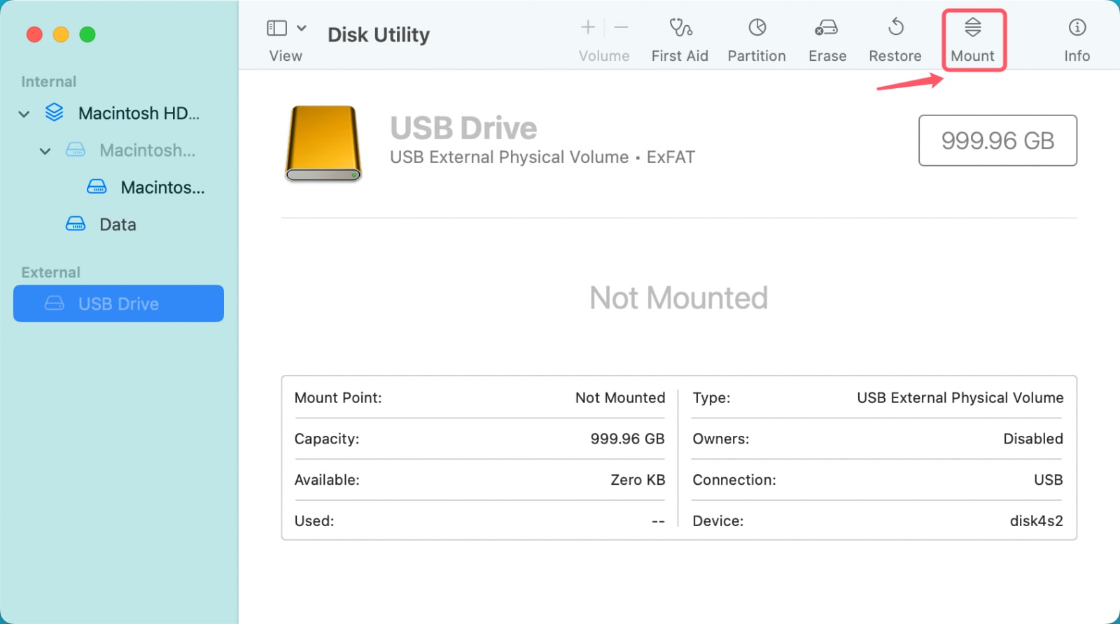 mount an unmounted external volume in mac disk utility