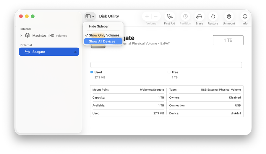 show all devices in disk utility to find an external drive