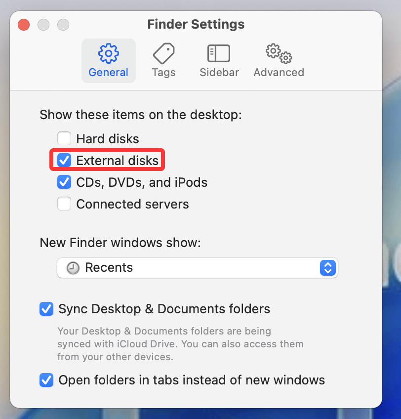 enable external disks on the desktop in finder settings