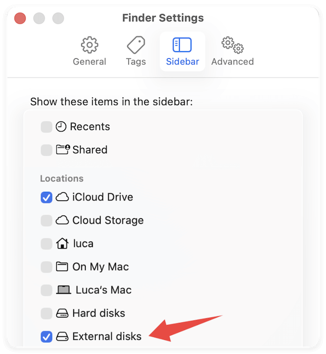 enable external disks under locations in finder settings