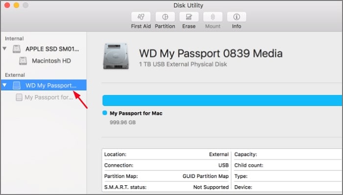 localiza el pasaporte wd en disk utility