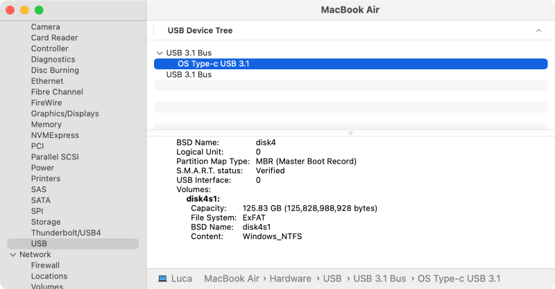 external storage detected in the mac system information usb device tree