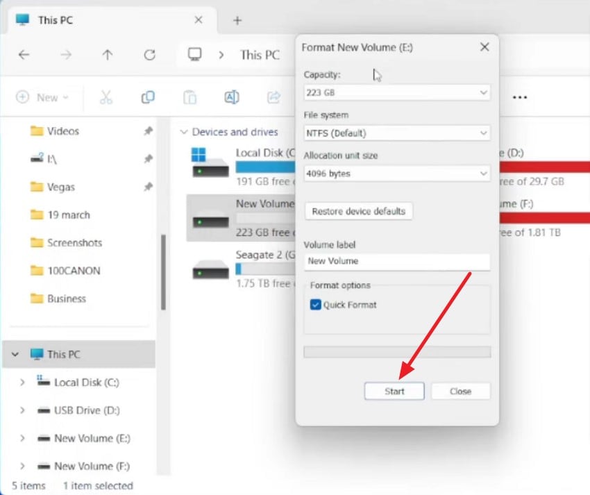 press begin to wipe drive