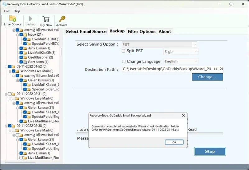 processo di backup della webmail di godaddy completato