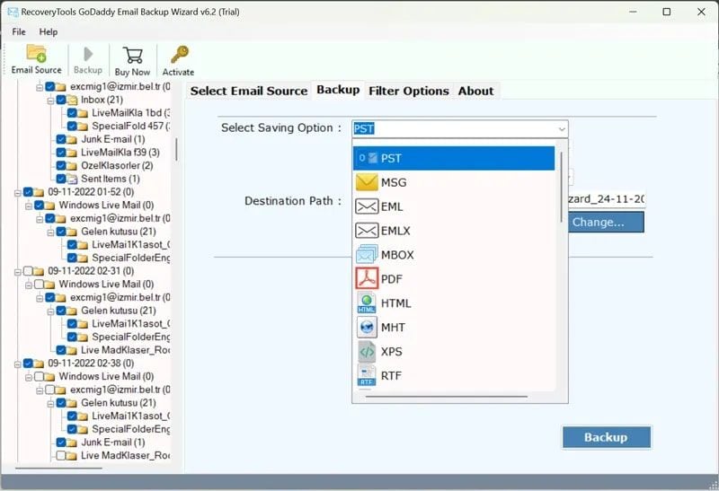 opzione di salvataggio del backup della webmail di godaddy