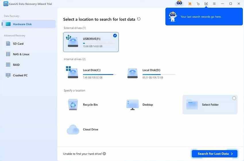 easeus data recovery wizard location selection window