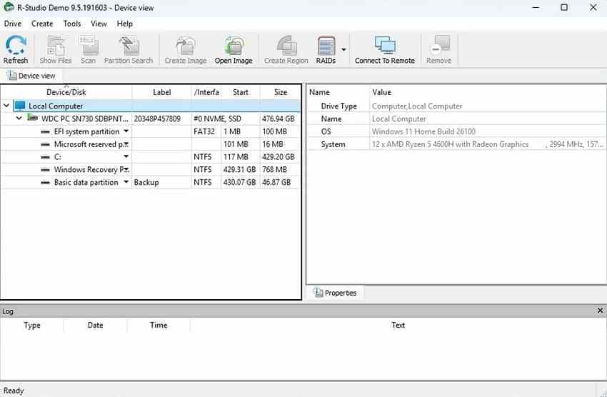 r studio data recovery utility showing disks and partitions