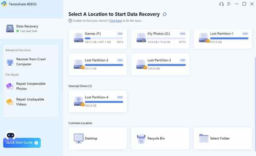 tenorshare 4ddig recovery tool selecting a lost drive location