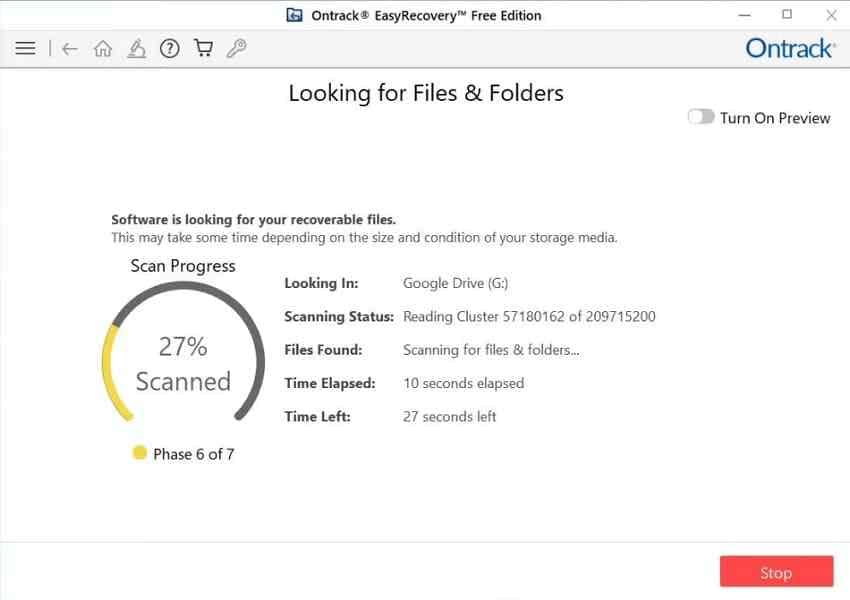 ontrack easyrecovery scanning a storage drive for files