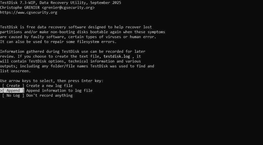 testdisk console interface selecting partition recovery options