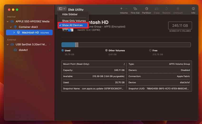 show all devices in mac disk utility before repairing wd storage