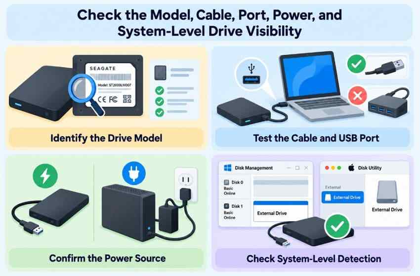 check wd drive model cable power and disk visibility before diagnostics