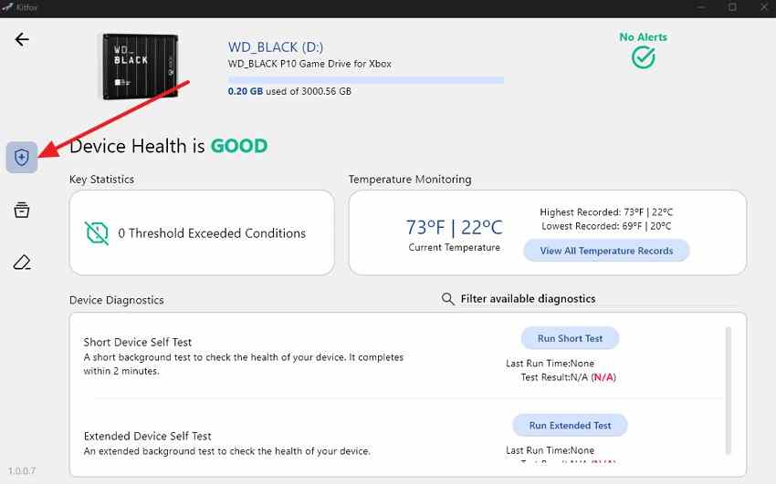 kitfox device health panel showing wd drive temperature and short test