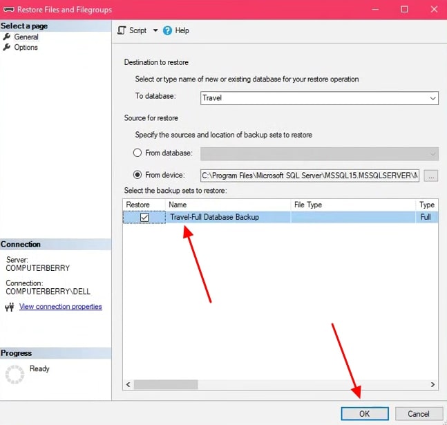 add file in sql to restore