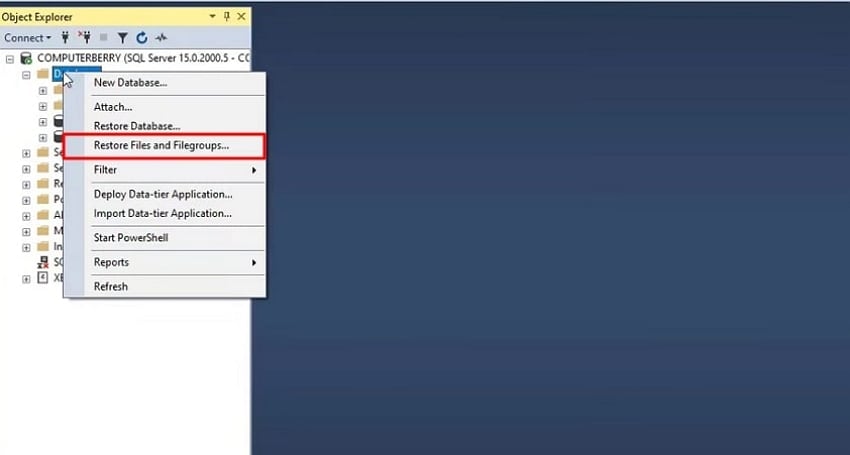 open sql database and restore file