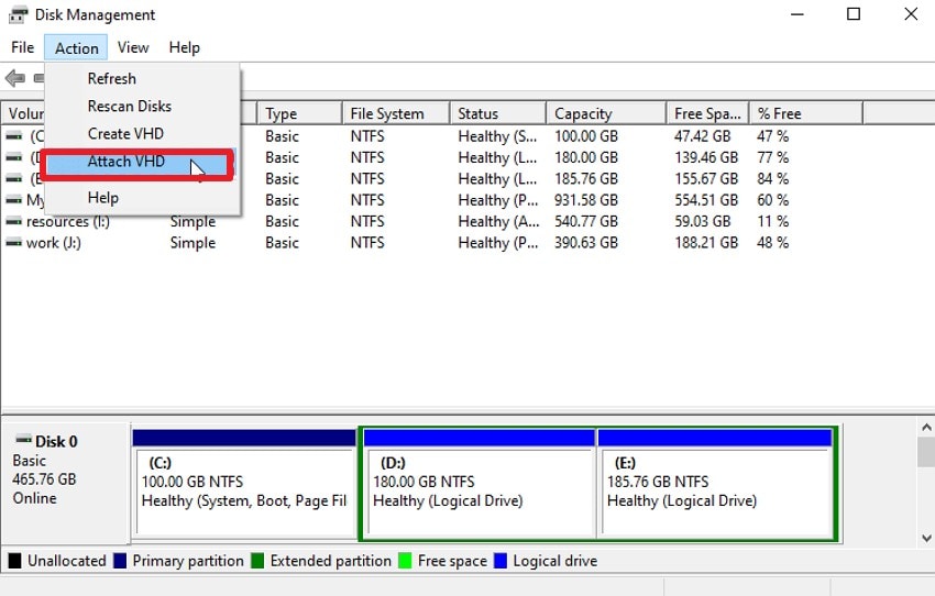 choose attach vhd