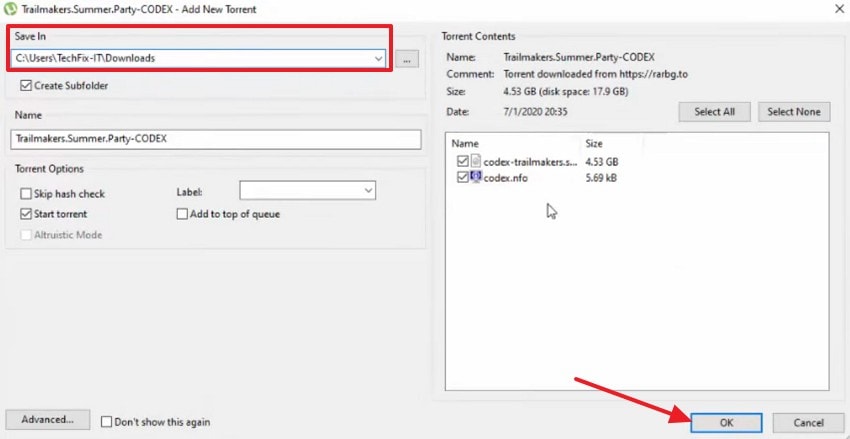 choose location for save file