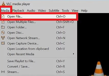 vlc windows media menu showing the open file command