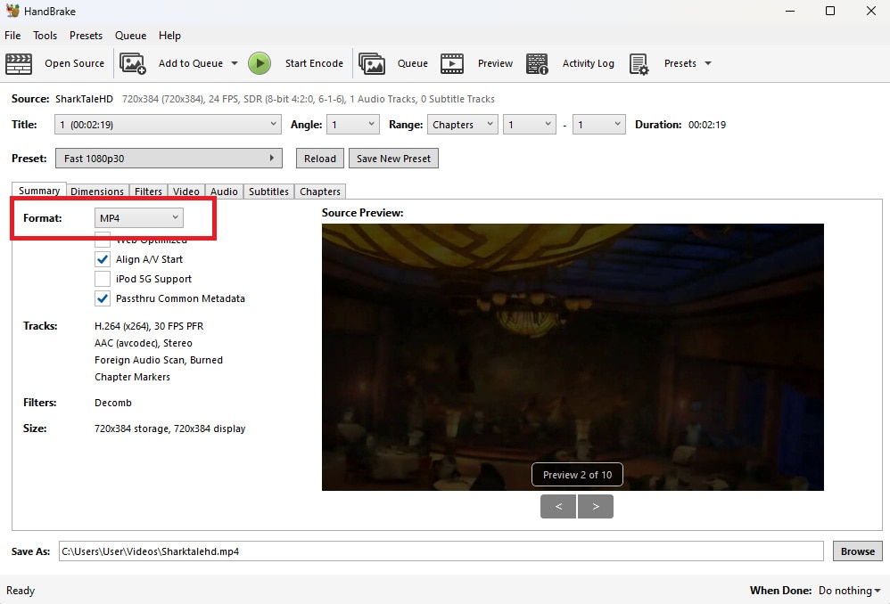 handbrake summary tab with the mp4 output container selected