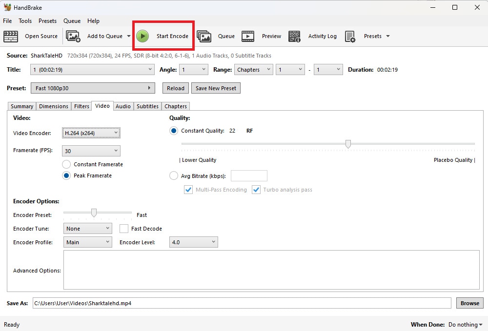 handbrake video settings and start encode button for creating a new copy