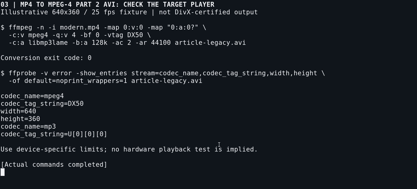 ffmpeg creates mpeg4 part 2 avi with dx50 tag and mp3 audio for a legacy test