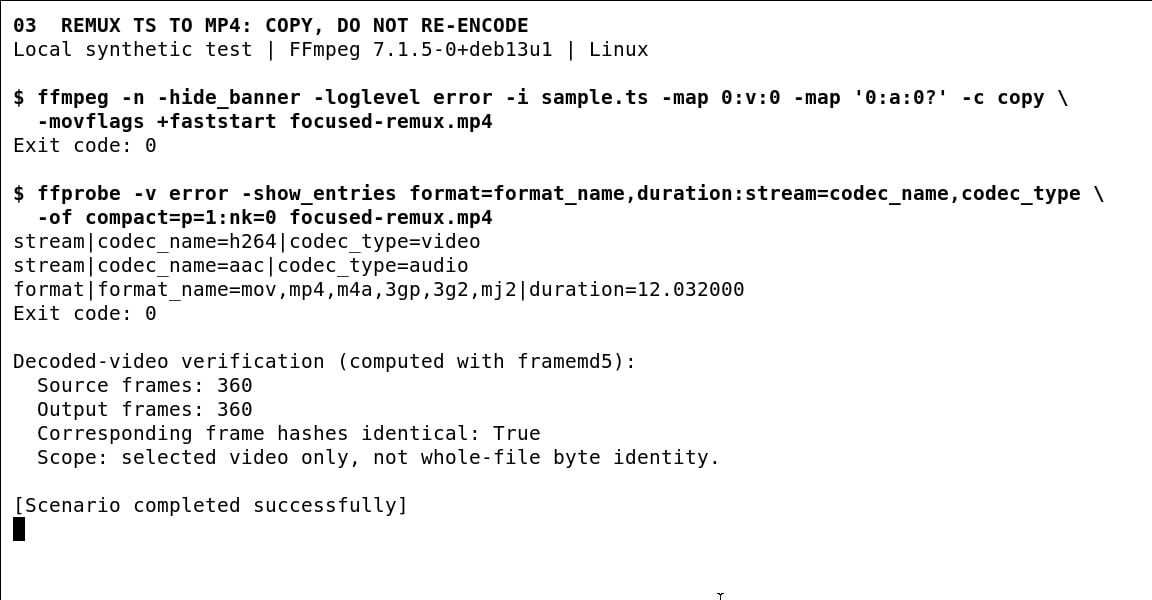 ffmpeg remuxes a ts recording to mp4 and verifies matching video frames