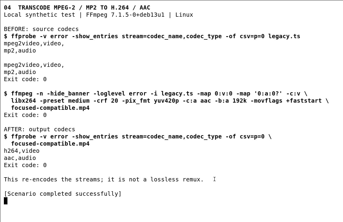 ffmpeg transcodes mpeg2 video and mp2 audio into h264 and aac