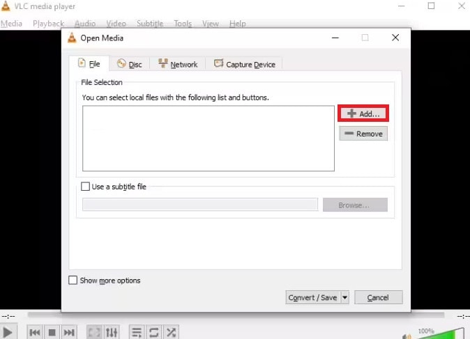 vlc open media dialog showing add and convert save controls