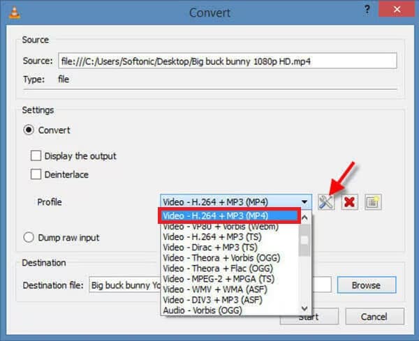 vlc conversion profiles showing h264 plus mp3 in an mp4 container