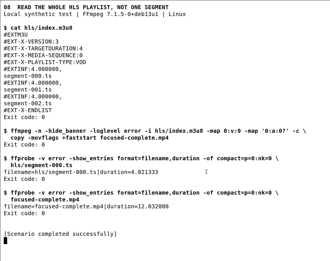 ffmpeg reads all three local ts segments through the hls playlist