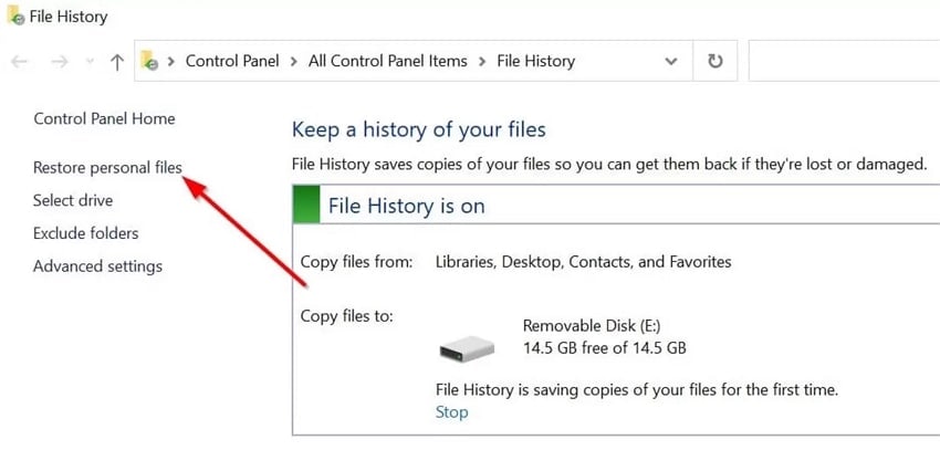 choose restore personal files