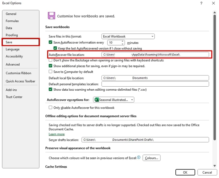 select desired auto-recover file location