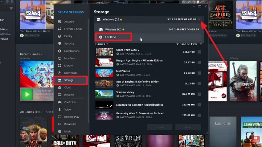 open storage and add drive