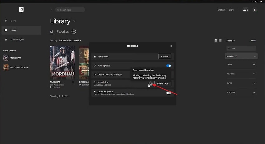 open folder containing game