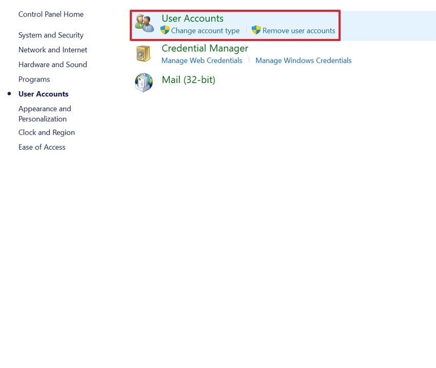open user accounts on windows