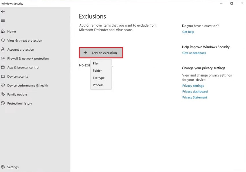 click add an exclusion
