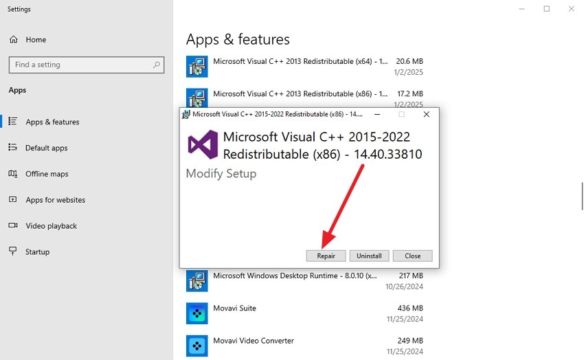 press repair button to execute