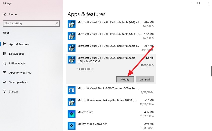 access app and features press modify