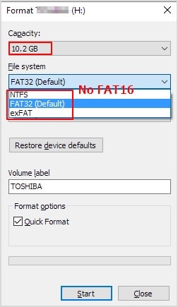 cannot format usb to fat16