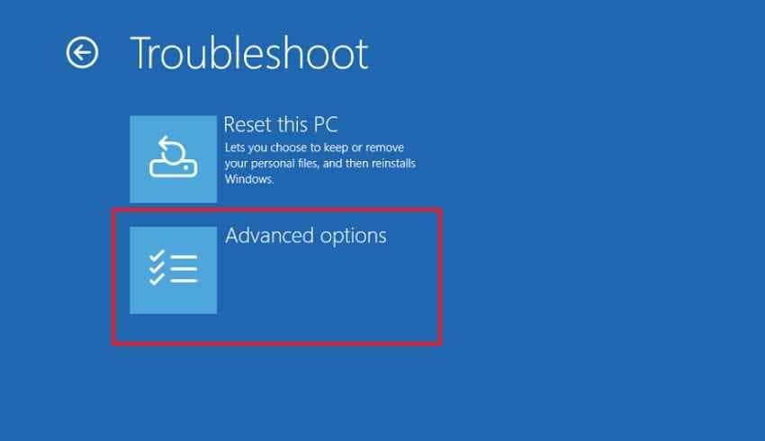 select troubleshoot advanced options