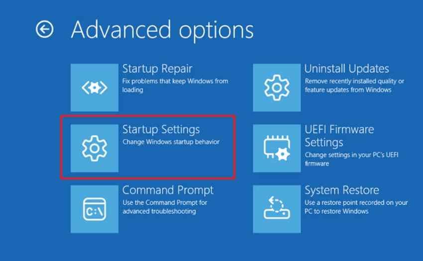 select startup settings option