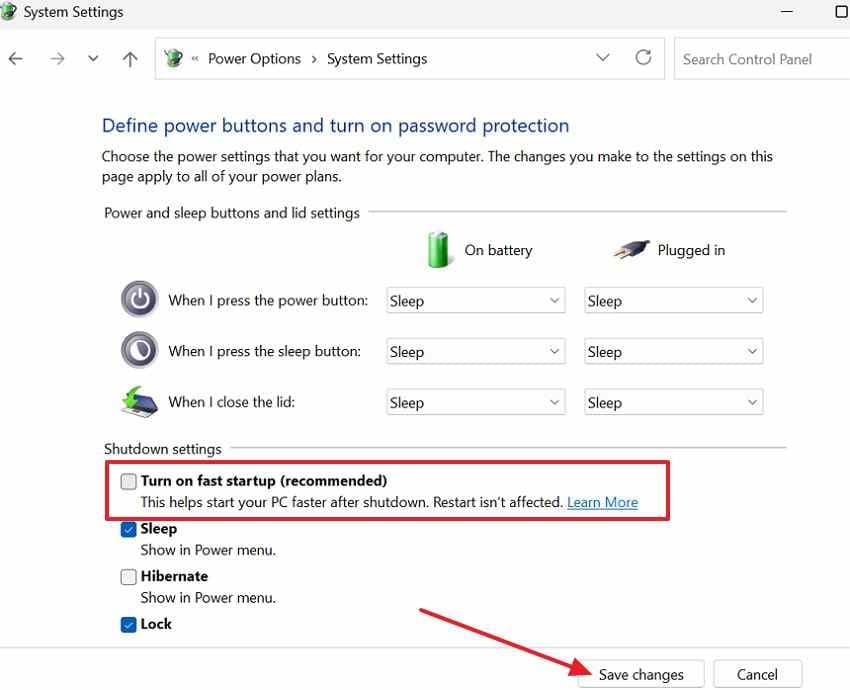 disable fast startup setting